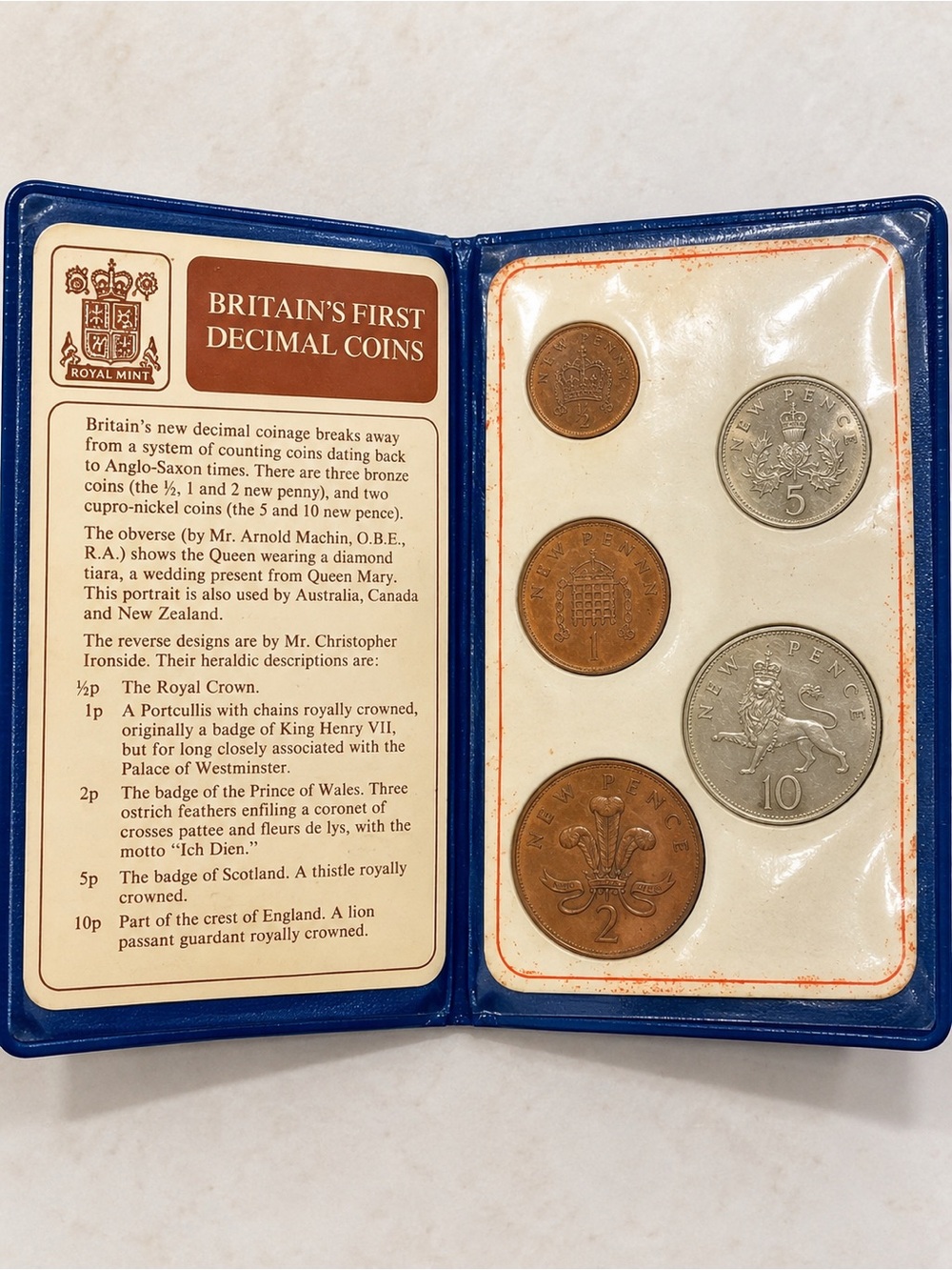 1971 Royal Mint Britain’s First Decimal Coin Set 5 Coins Original Wallet